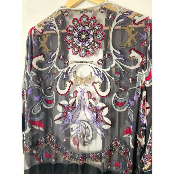 Vintage JBS Women's Sheer Fringe Kimono Shirt Black Beaded Artsy Boho Rocker - Picture 6 of 7